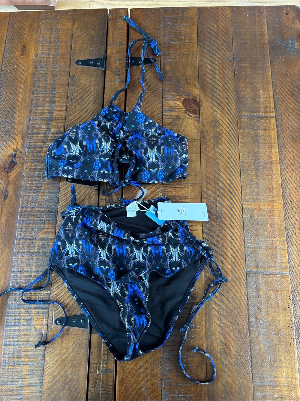 Cupshe Black and Blue NWT Printed Lace-Up Bikini size small